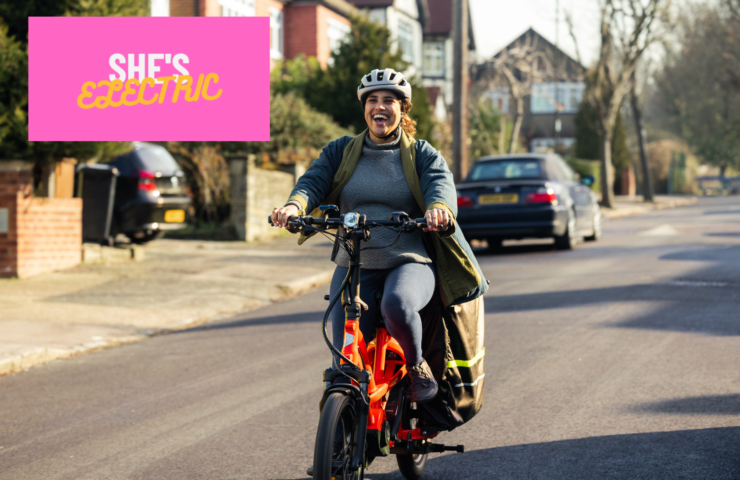 Elan Sey rides a Tern GSD electric bike as part of She's electric campaign