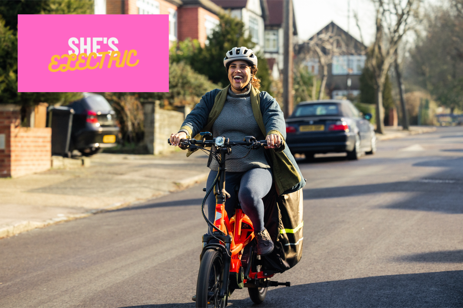 Elan Sey rides a Tern GSD electric bike as part of She's electric campaign
