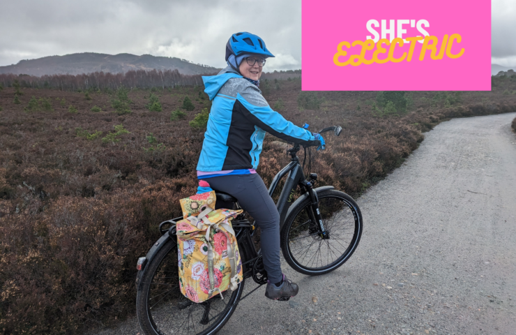 Karen Cox aka The Wobbly Cyclist rides her ebike - a She's Electric role model.