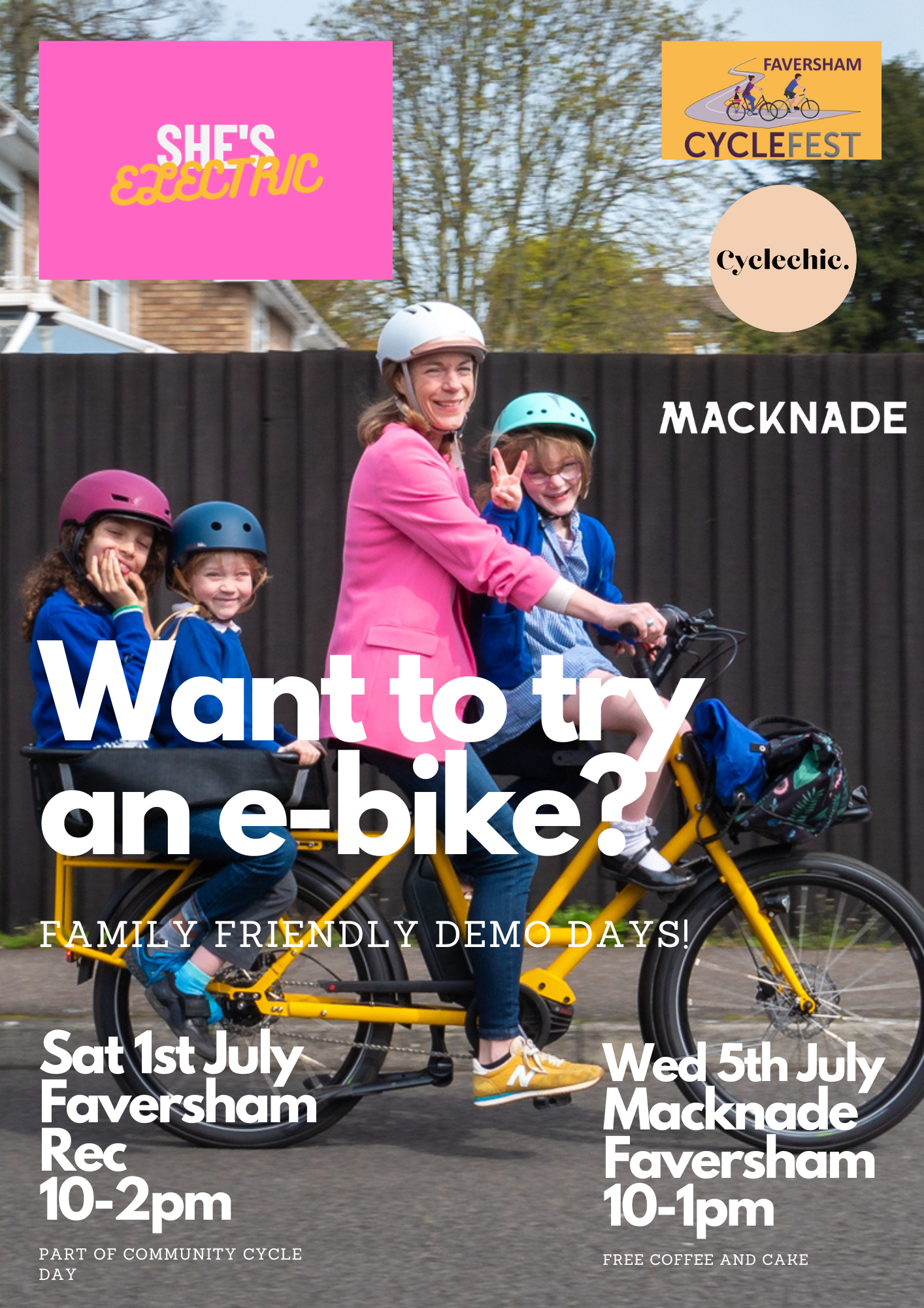 She's Electric and Faversham Cycle Fest event poster, sat 1st July 2023, The Rec 10-2pm